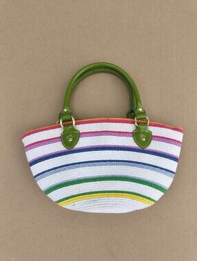 Green Handle Multicolor Stripe Straw Tote Bag